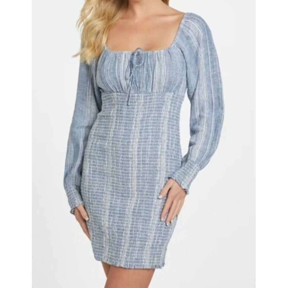 Guess Smocked Flax Linen Rayon Kawaii Cottagecore Mini Dress - Blue - Small